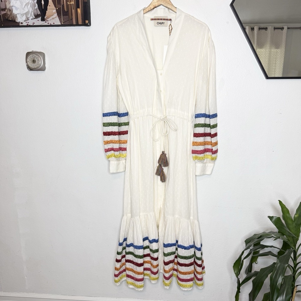 Chufy Trippy Off White Colorful Stripe Maxi Dress Lined Long Sleeve Womens Small